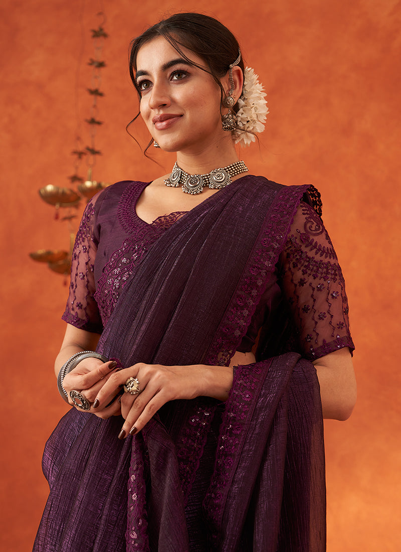 Deep Purple Embroidery Festive Georgette Saree