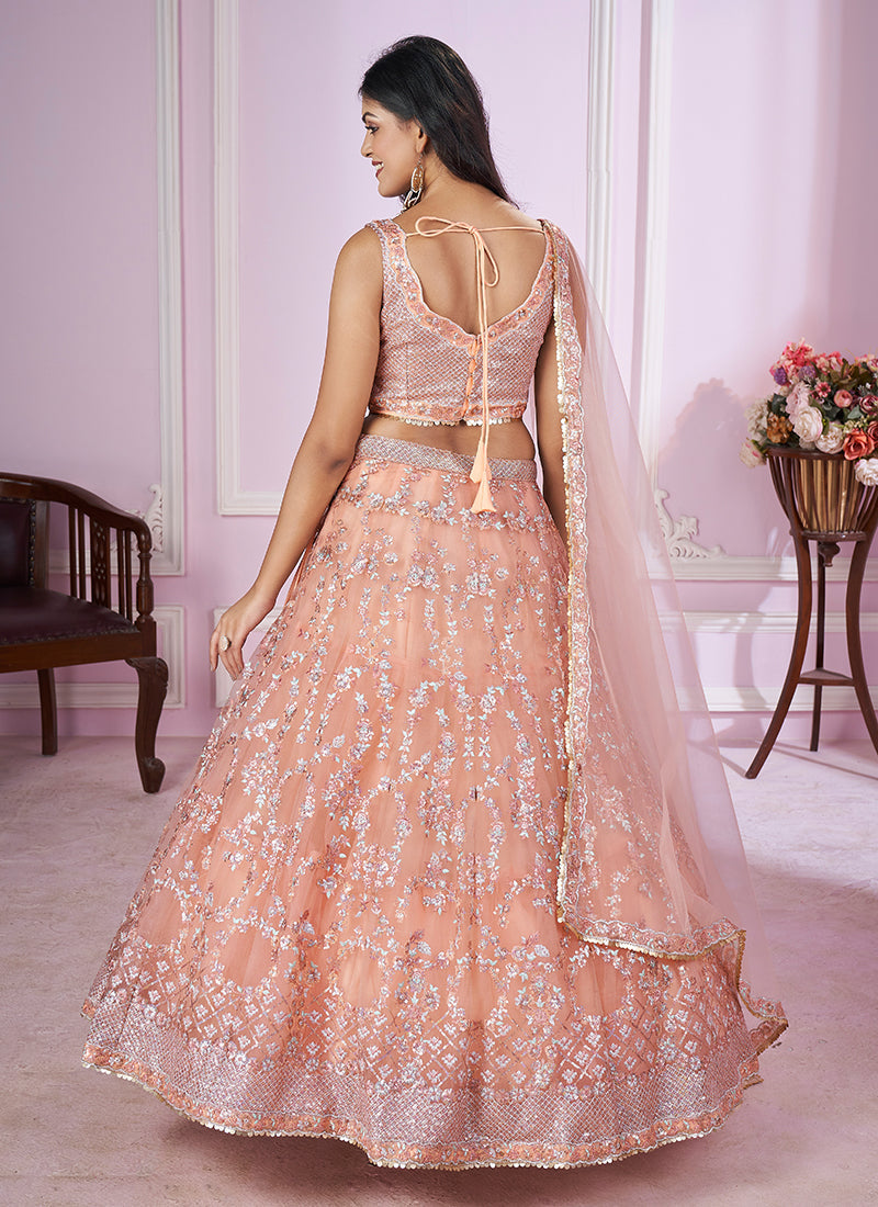 Peach Sequence Embroidery Traditional Festive Lehenga Choli