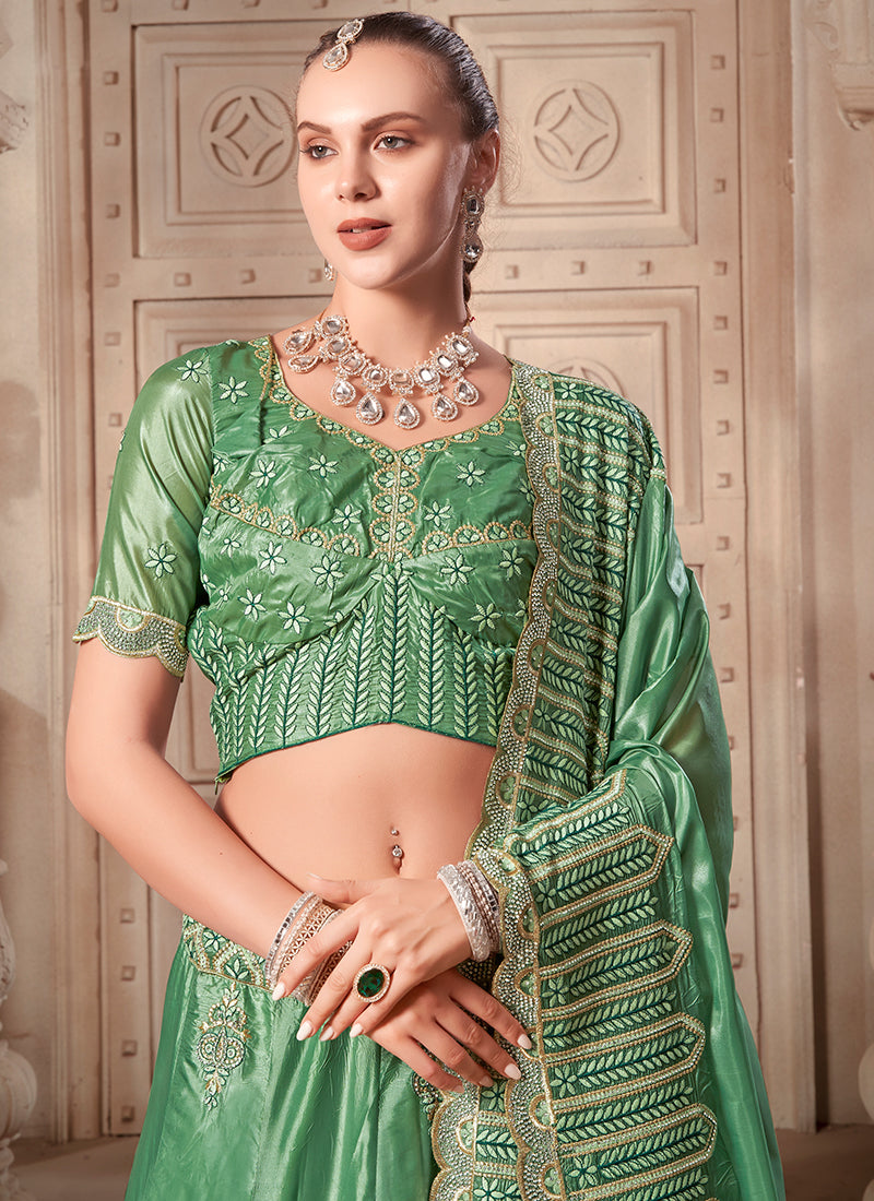 Green Traditional Embroidery Lehenga Choli And Dupatta