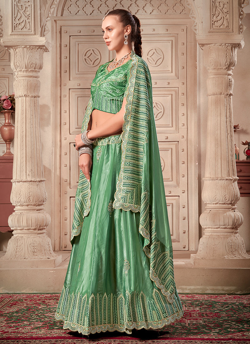 Green Traditional Embroidery Lehenga Choli And Dupatta