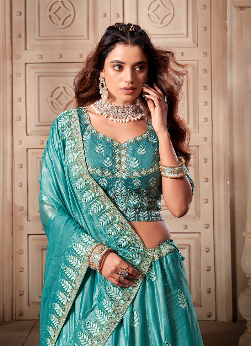 Teal Blue Traditional Embroidery Lehenga Choli And Dupatta