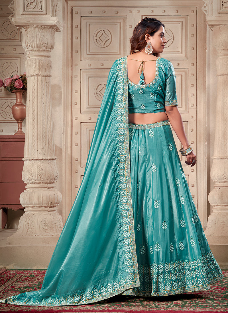 Teal Blue Traditional Embroidery Lehenga Choli And Dupatta