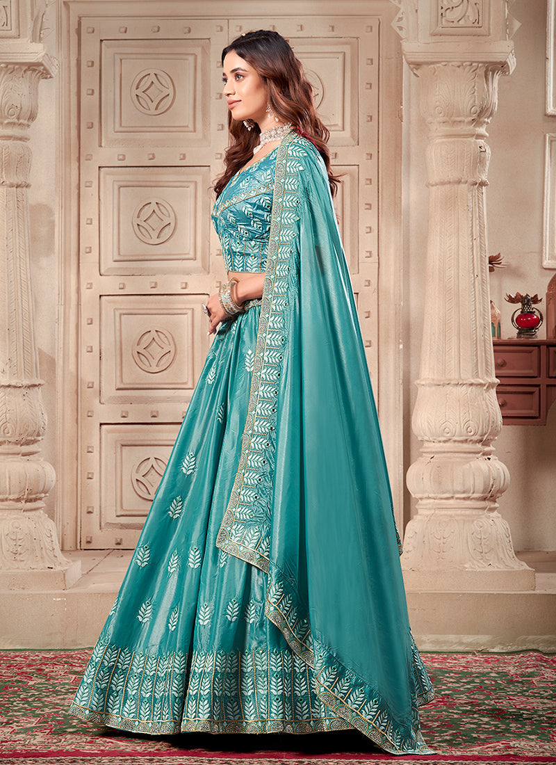 Teal Blue Traditional Embroidery Lehenga Choli And Dupatta