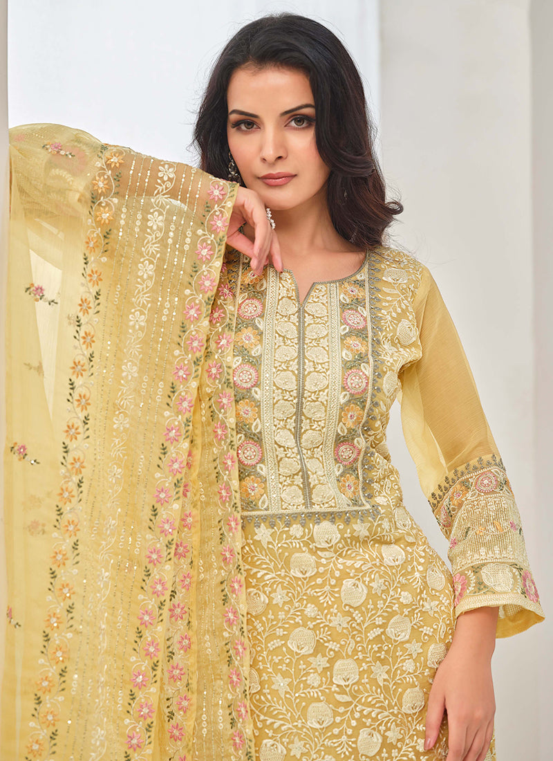 Yellow Embroidery Pakistani Pant Style Suit