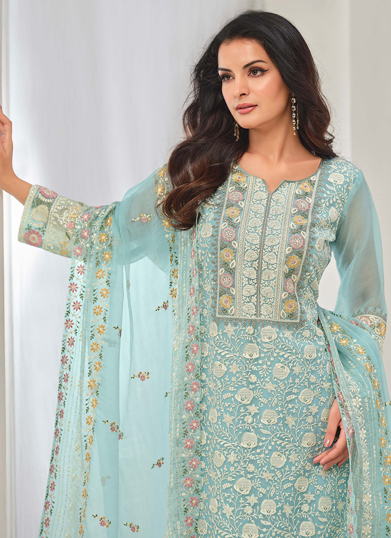 Sky Blue Embroidery Pakistani Pant Style Suit