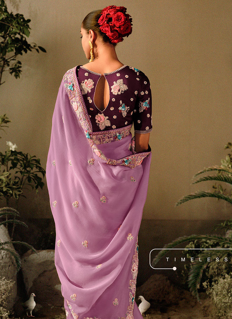 Purple Two Tone Multi Embroidery Wedding Silk Saree