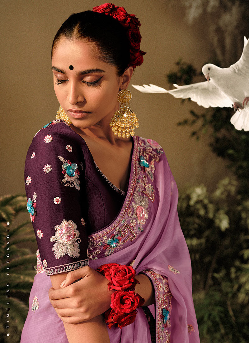 Purple Two Tone Multi Embroidery Wedding Silk Saree