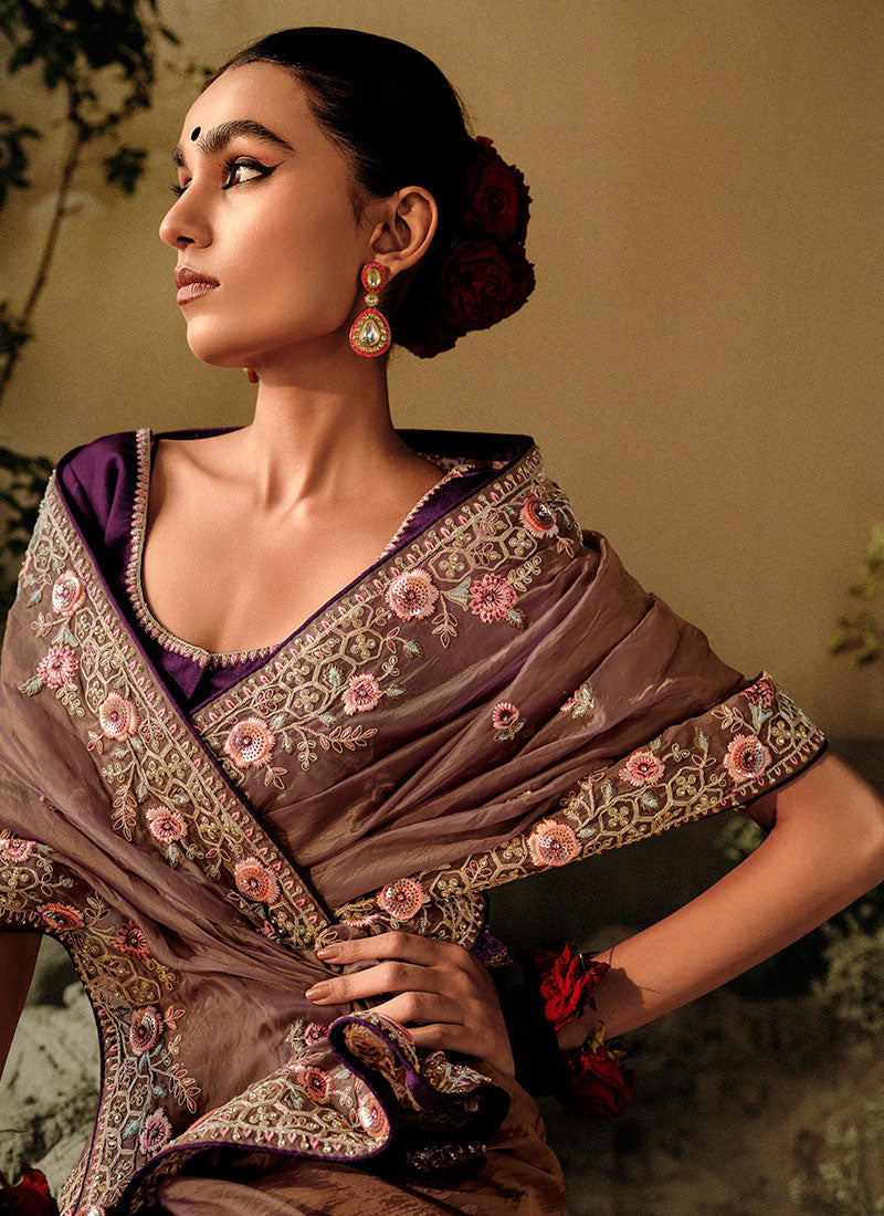 Brown And Purple Multi Embroidery Wedding Silk Saree