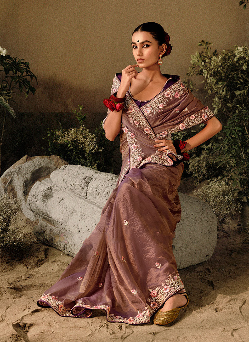 Brown And Purple Multi Embroidery Wedding Silk Saree