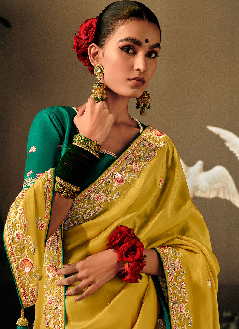 Yellow And Green Multi Embroidery Wedding Silk Saree