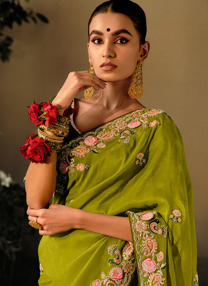 Green Two Tone Multi Embroidery Wedding Silk Saree