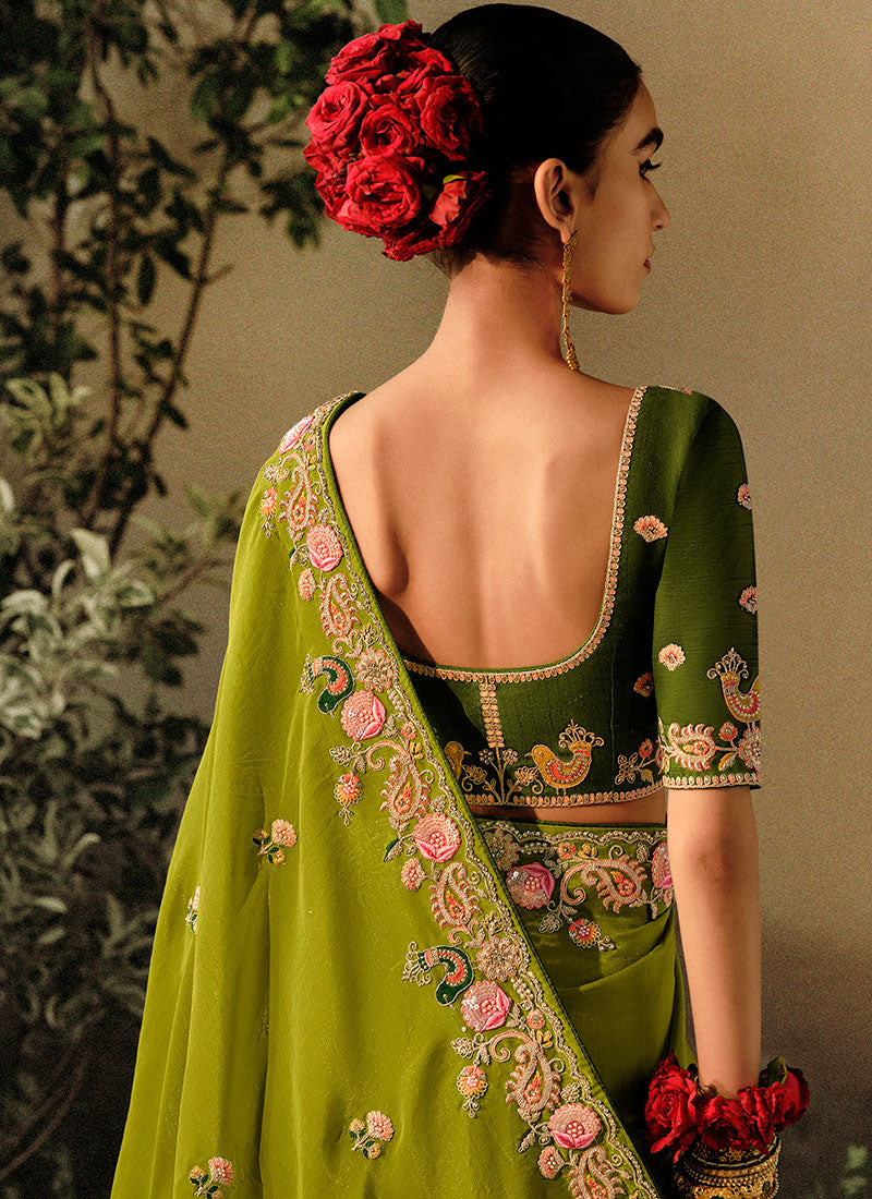 Green Two Tone Multi Embroidery Wedding Silk Saree