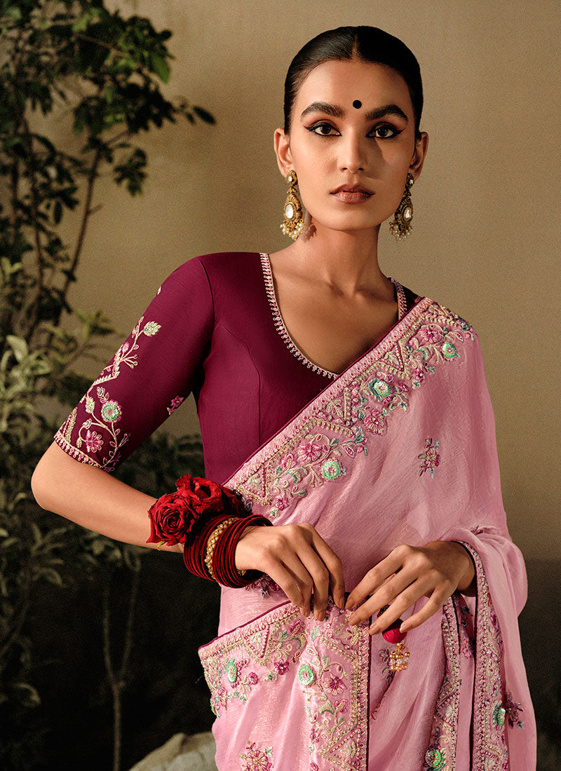 Pink Two Tone Multi Embroidery Wedding Silk Saree