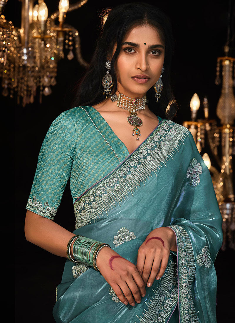 Teal Blue Reshamkari Embroidery Tissue Silk Saree