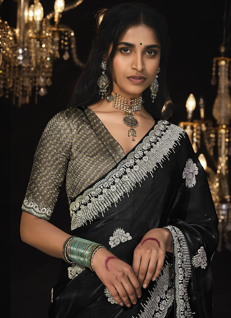 Black Reshamkari Embroidery Tissue Silk Saree