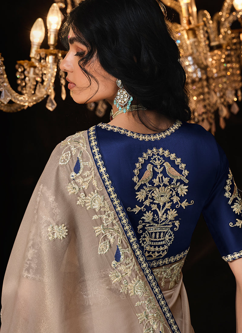 Beige And Blue Reshamkari Embroidery Fancy Silk Saree