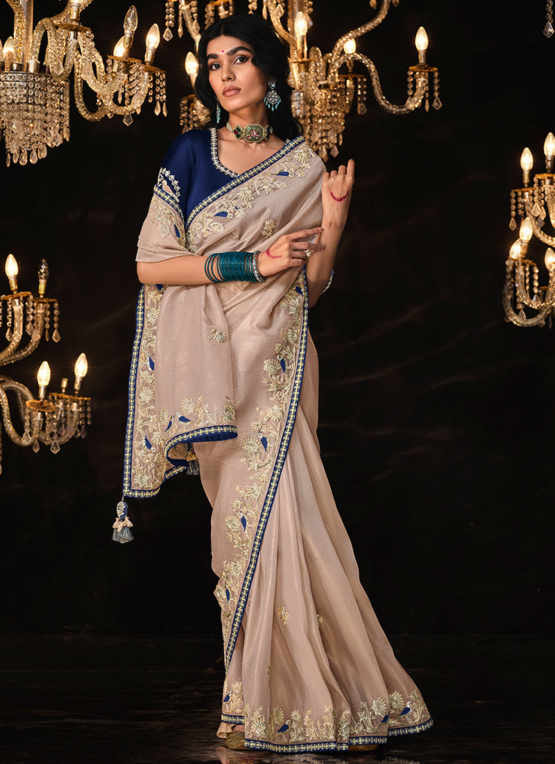 Beige And Blue Reshamkari Embroidery Fancy Silk Saree