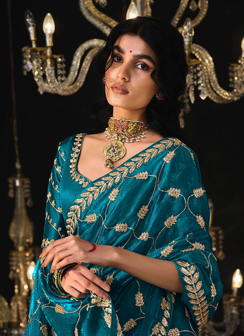 Turquoise Reshamkari Embroidery Tissue Silk Saree