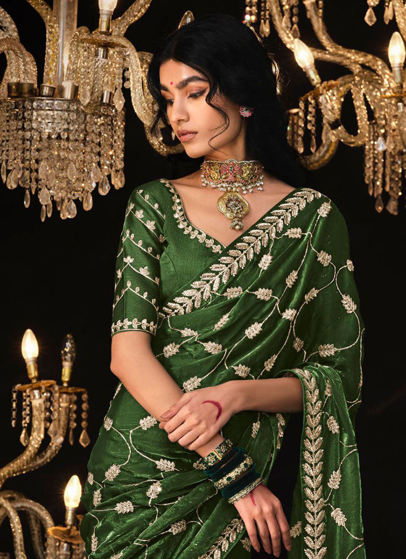 Dark Green Reshamkari Embroidery Tissue Silk Saree