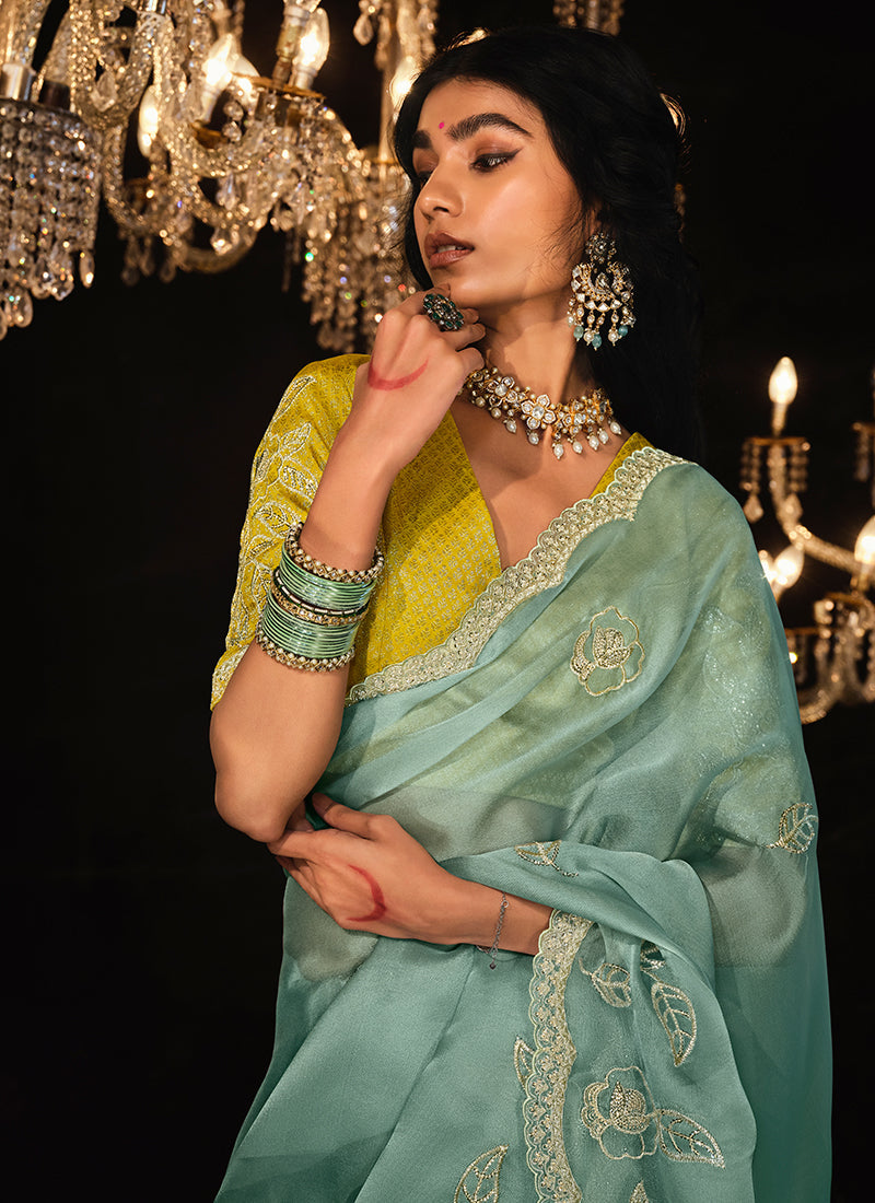 Teal And Yellow Reshamkari Embroidery Fancy Silk Saree