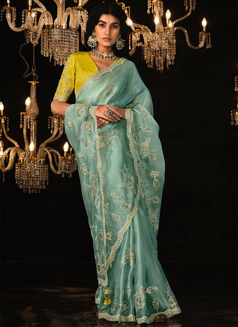 Teal And Yellow Reshamkari Embroidery Fancy Silk Saree