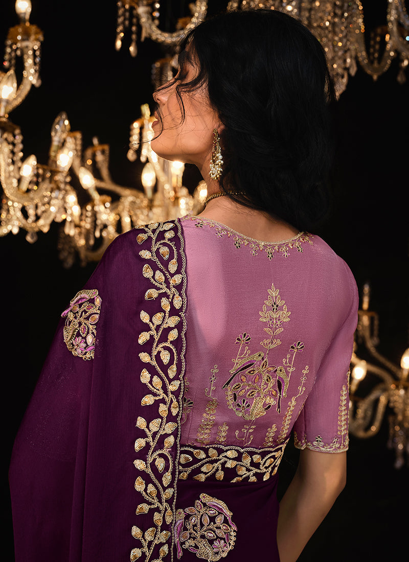 Wine And Pink Reshamkari Embroidery Fancy Silk Saree