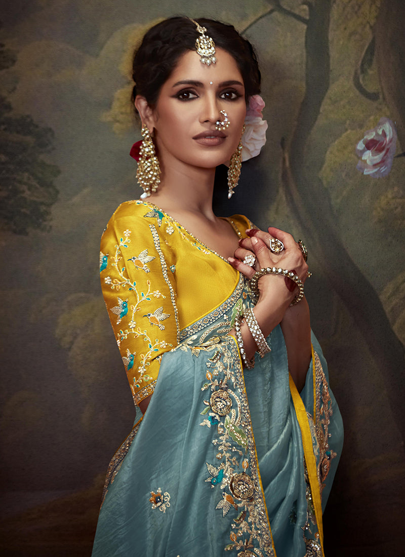 Sky Blue And Yellow Multi Embroidery Wedding Silk Saree