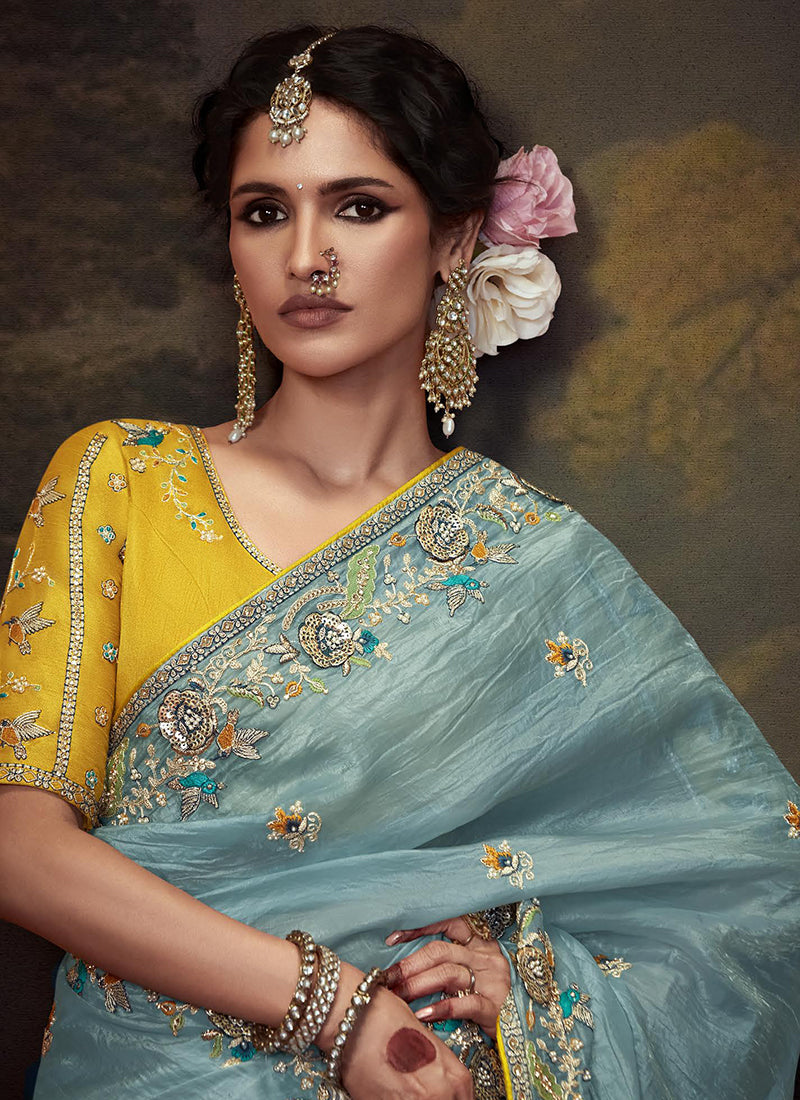 Sky Blue And Yellow Multi Embroidery Wedding Silk Saree