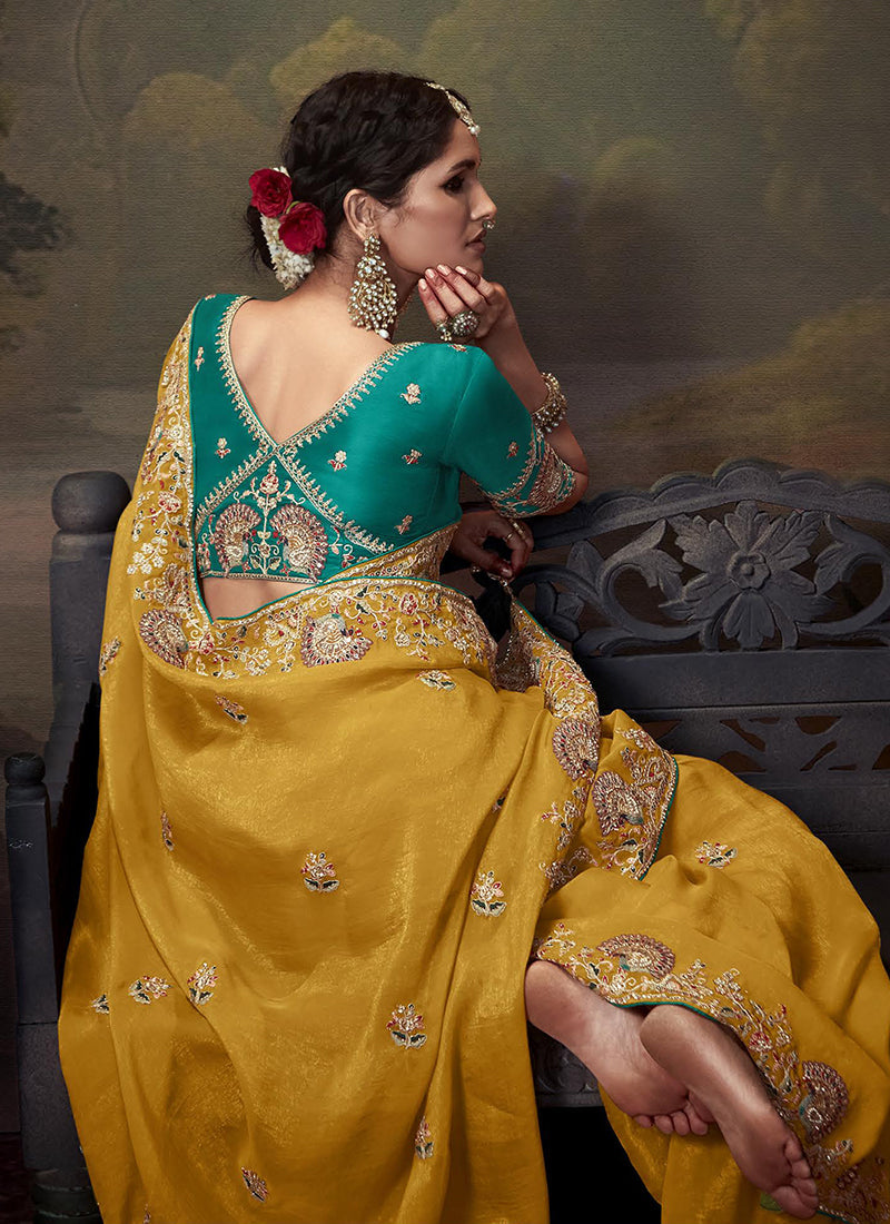 Yellow And Turquoise Multi Embroidery Wedding Silk Saree