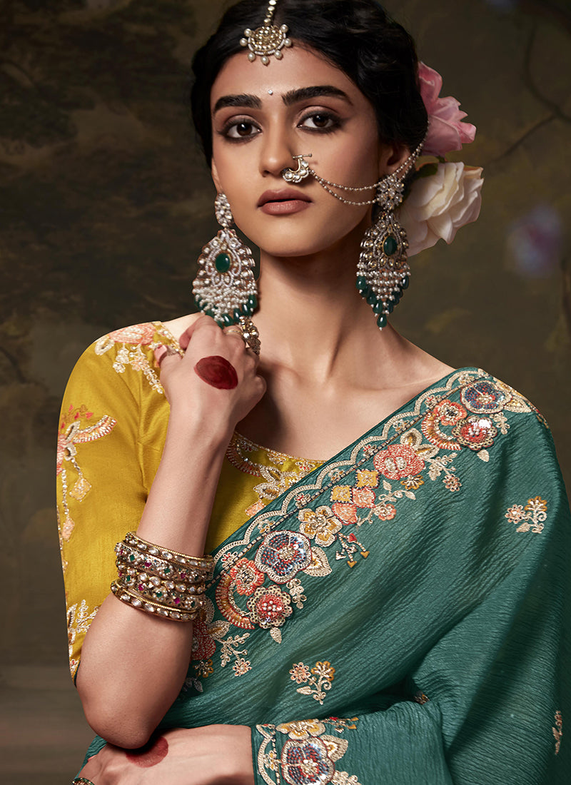 Green And Yellow Multi Embroidery Wedding Silk Saree