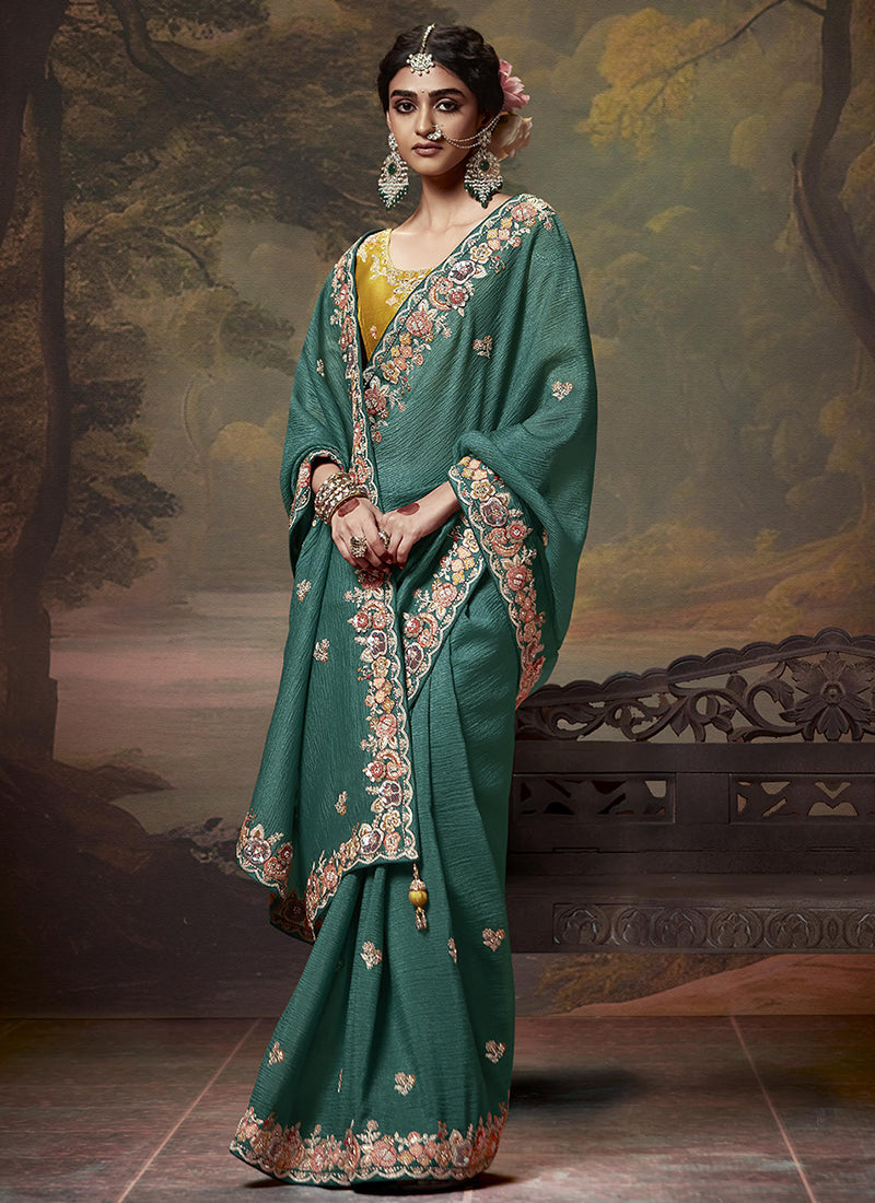 Green And Yellow Multi Embroidery Wedding Silk Saree