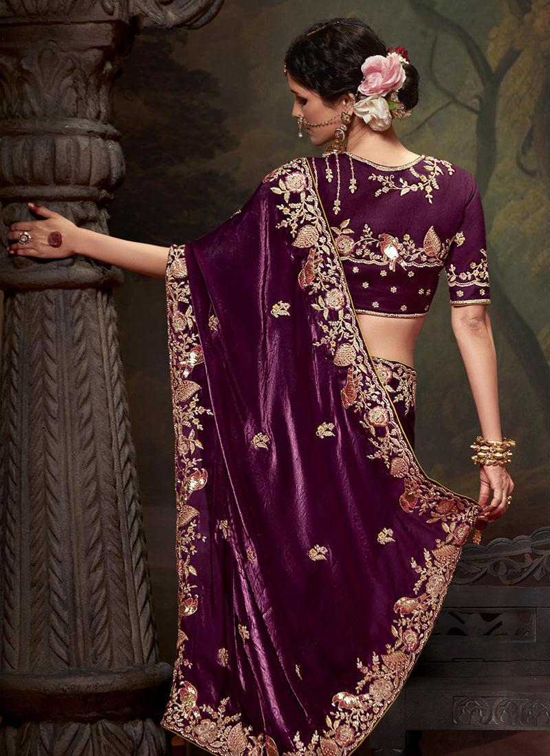 Deep Purple Multi Embroidery Wedding Silk Saree