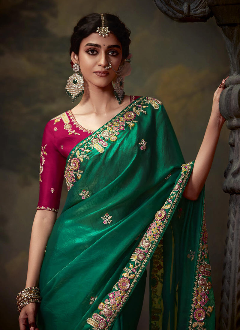 Green And Magenta Multi Embroidery Wedding Silk Saree