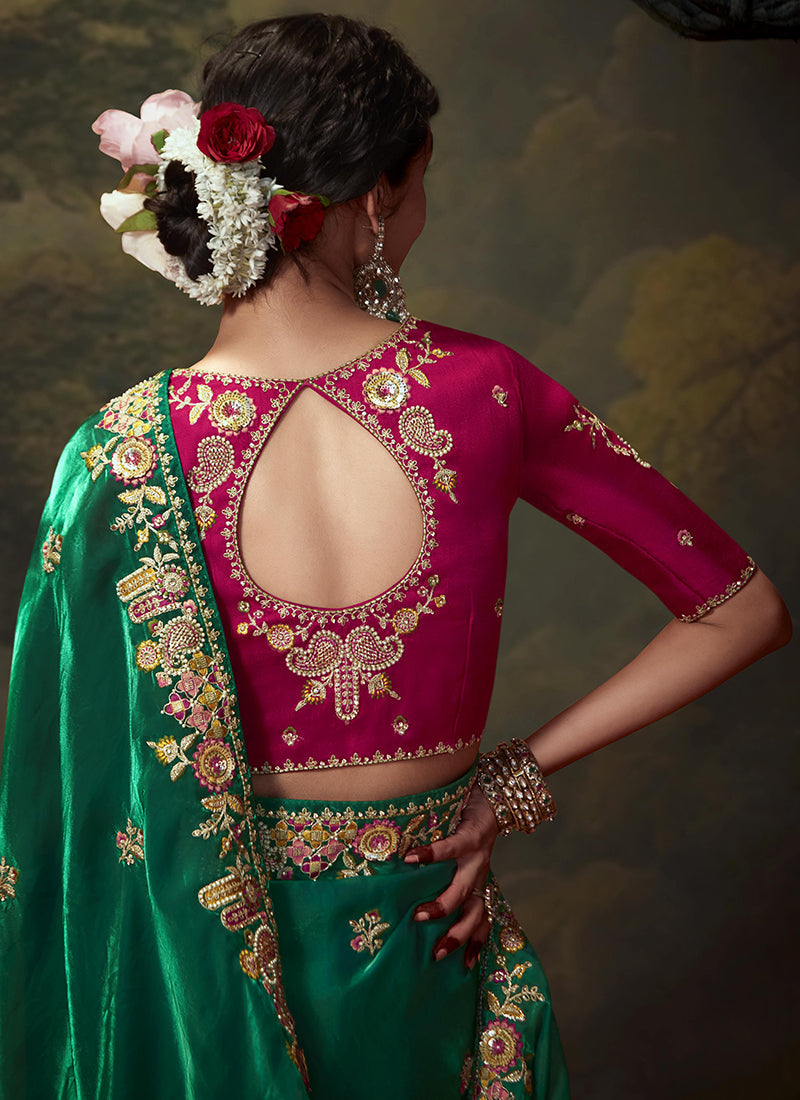 Green And Magenta Multi Embroidery Wedding Silk Saree