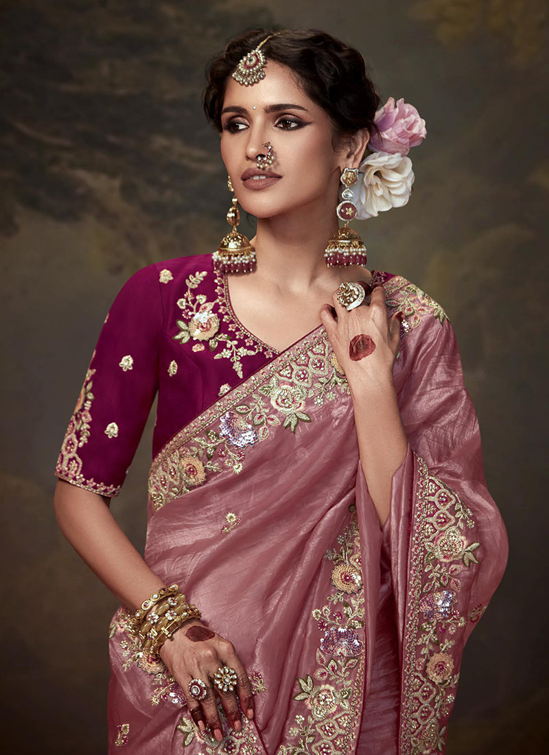 Pink And Magenta Multi Embroidery Wedding Silk Saree