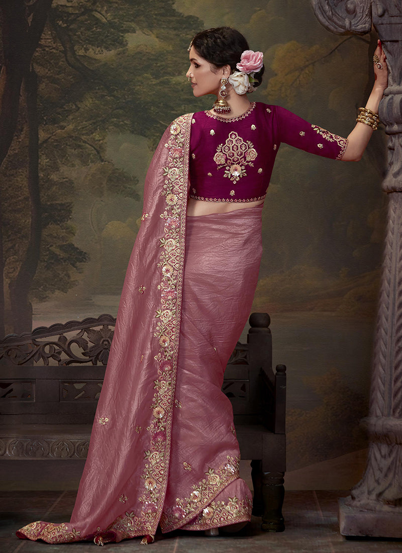 Pink And Magenta Multi Embroidery Wedding Silk Saree