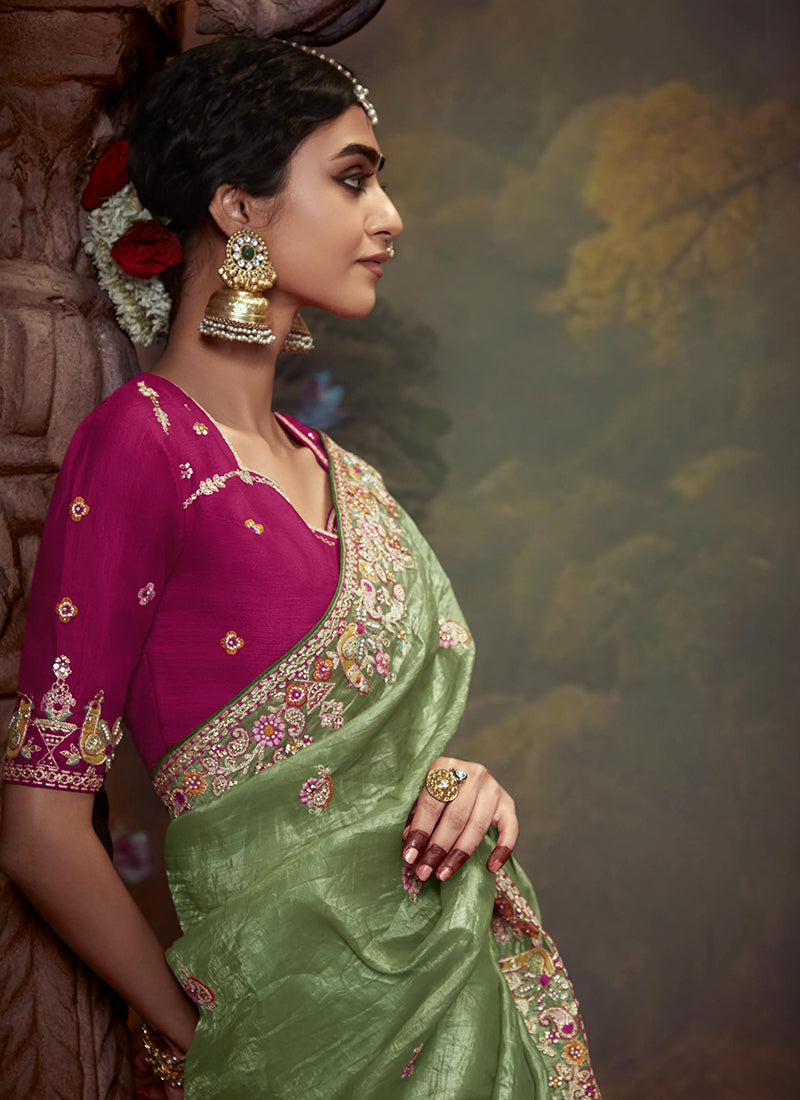 Green And Pink Multi Embroidery Wedding Silk Saree