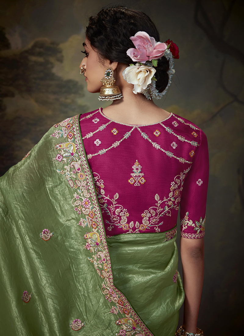 Green And Pink Multi Embroidery Wedding Silk Saree