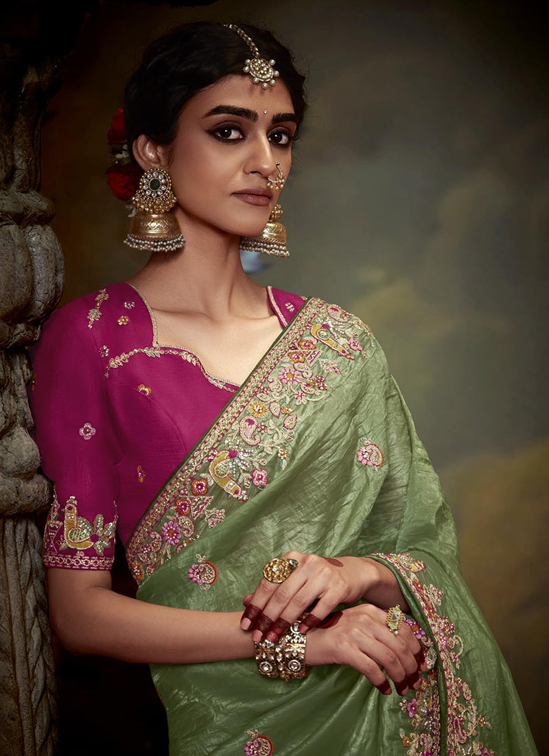 Green And Pink Multi Embroidery Wedding Silk Saree