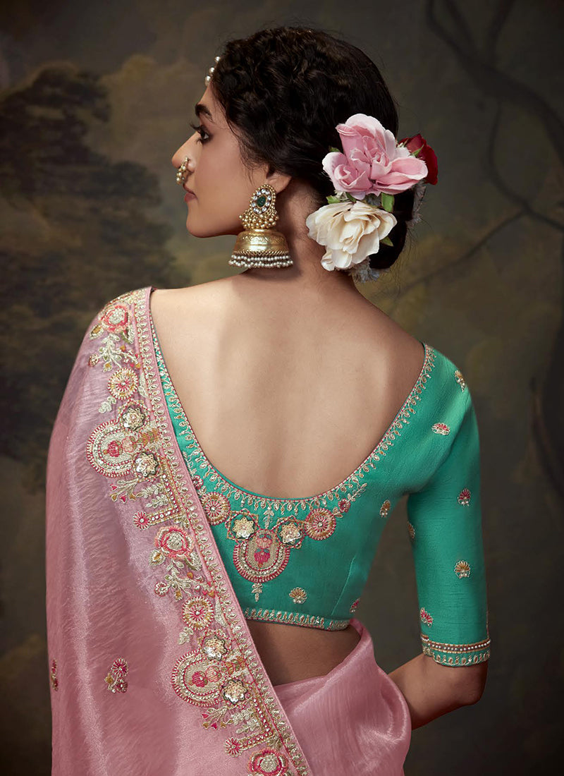 Pink And Turquoise Multi Embroidery Wedding Silk Saree