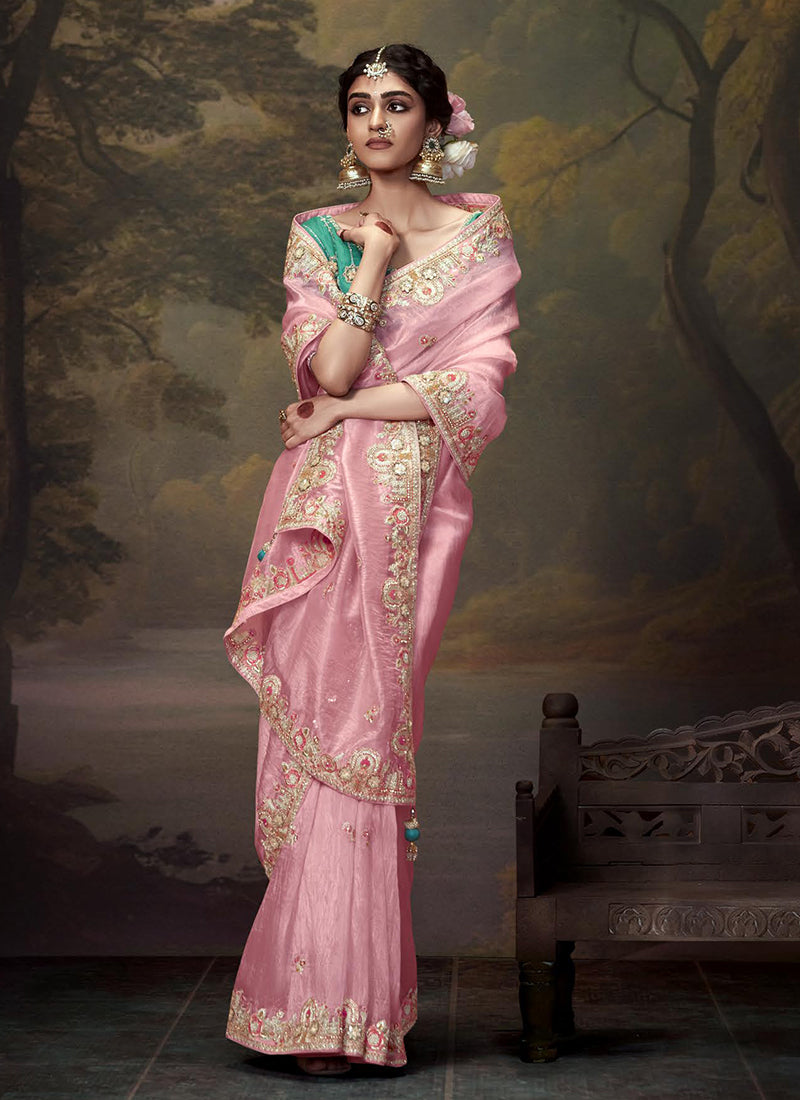 Pink And Turquoise Multi Embroidery Wedding Silk Saree