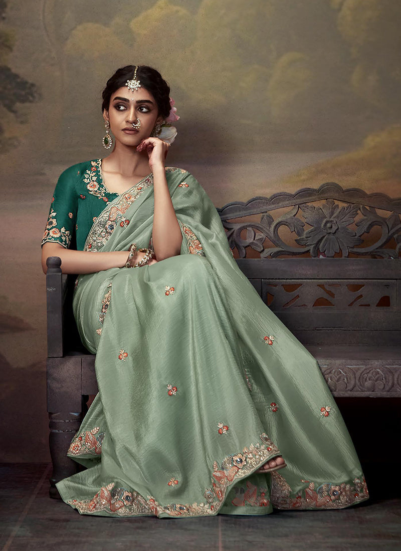 Sea Green Multi Embroidery Wedding Silk Saree