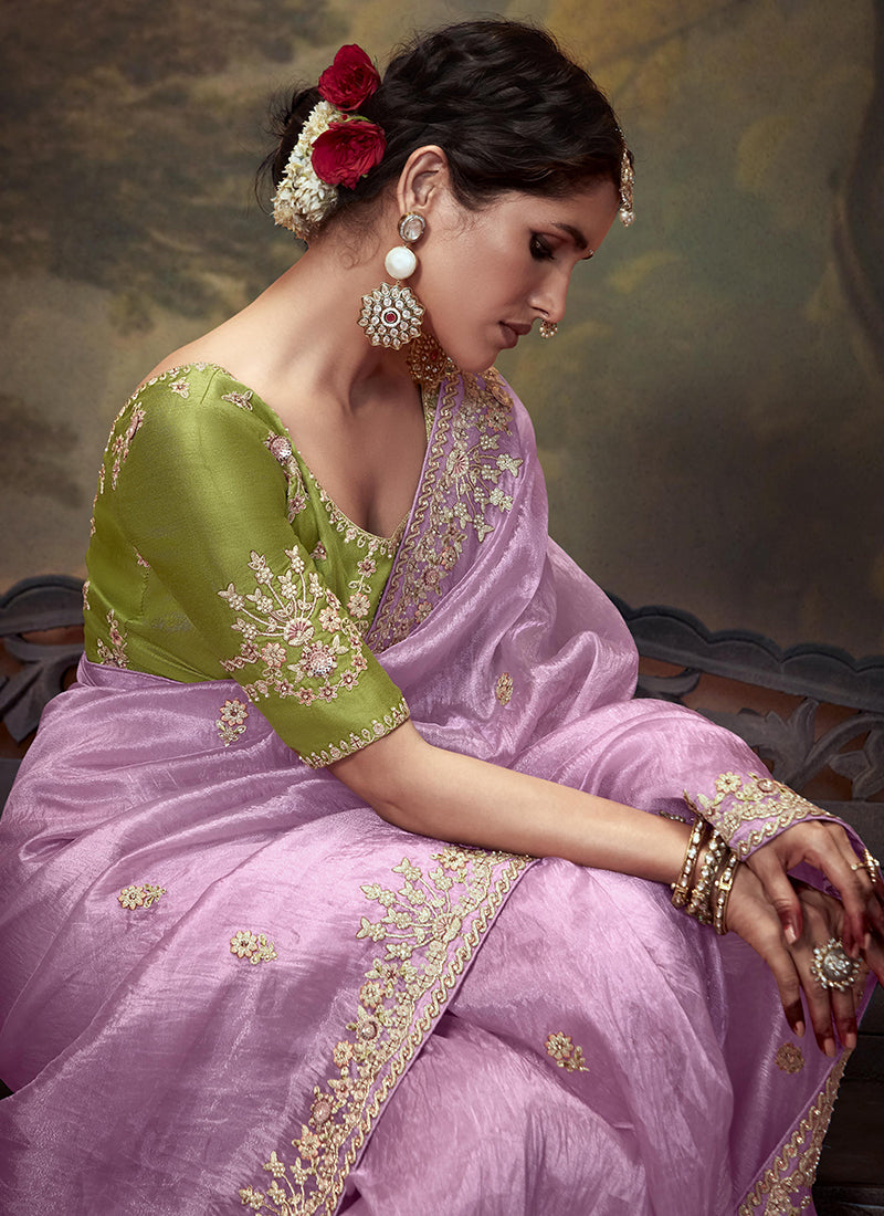 Lavender And Lime Multi Embroidery Wedding Silk Saree