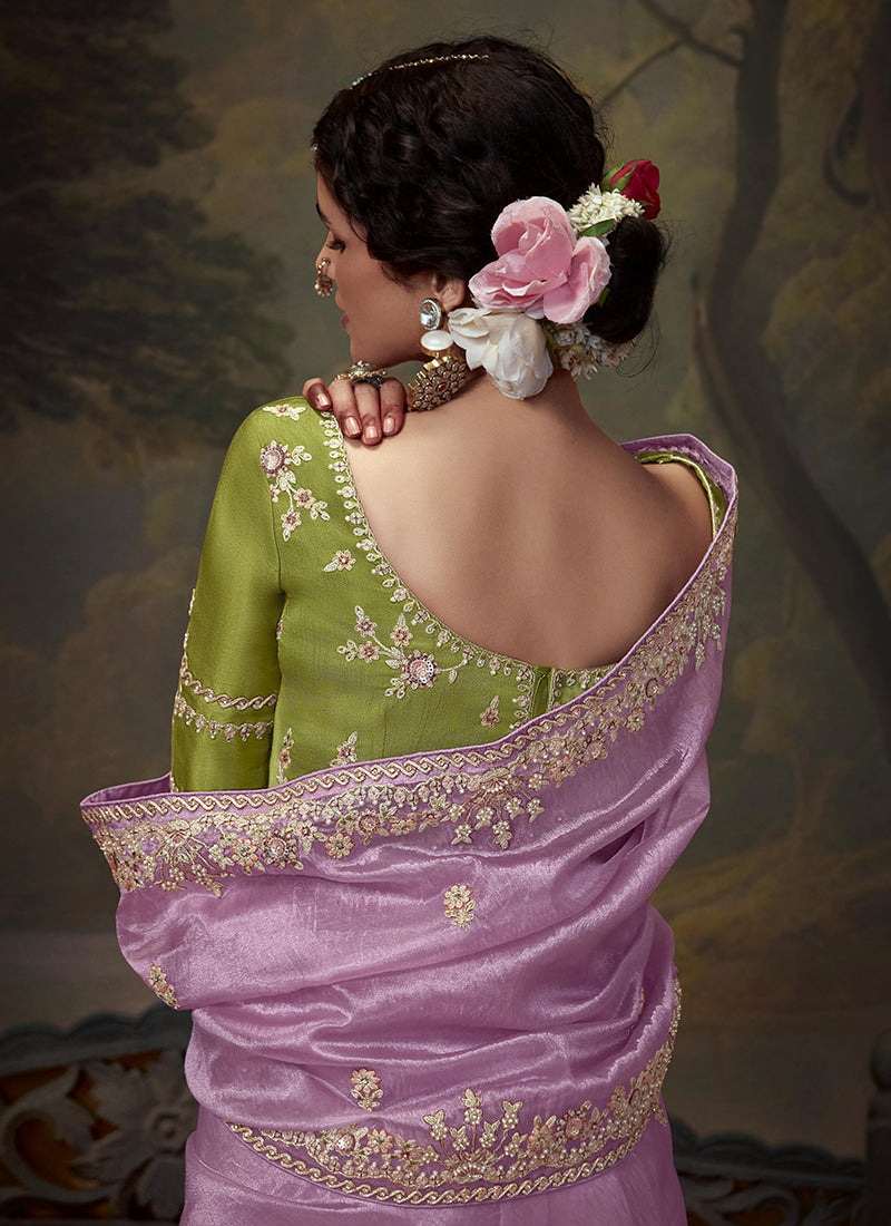 Lavender And Lime Multi Embroidery Wedding Silk Saree