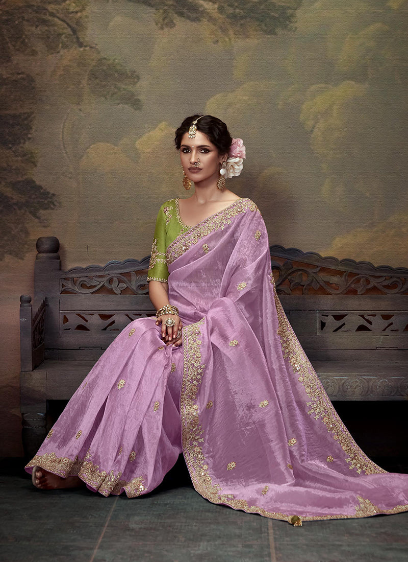 Lavender And Lime Multi Embroidery Wedding Silk Saree