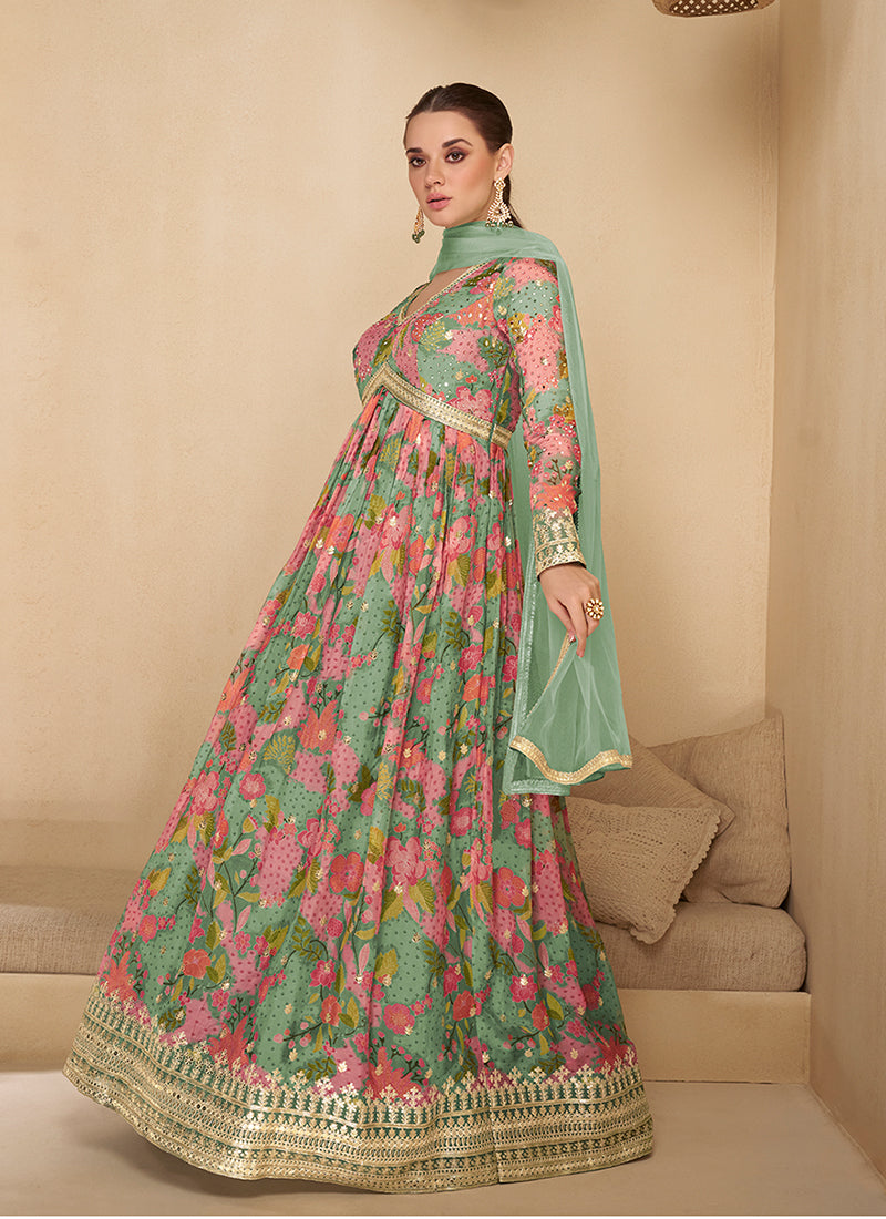 Mint Green Digital Printed Embroidered Anarkali Gown Dress