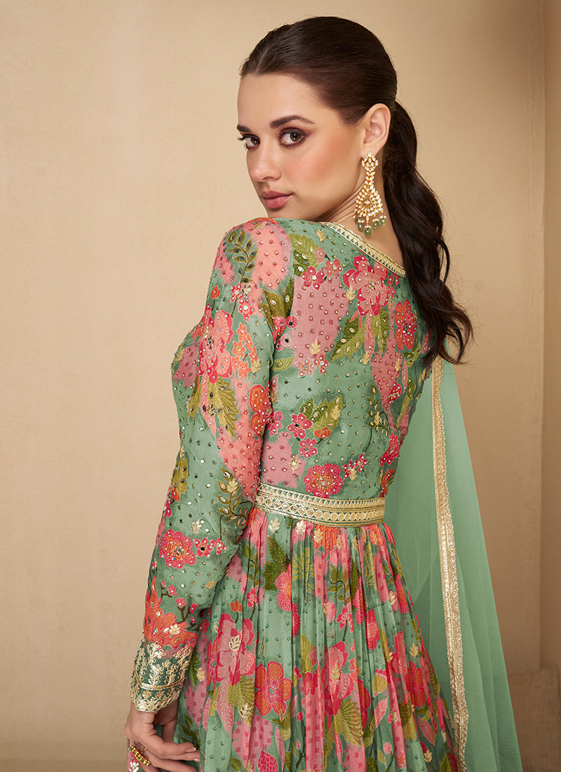 Mint Green Digital Printed Embroidered Anarkali Gown Dress