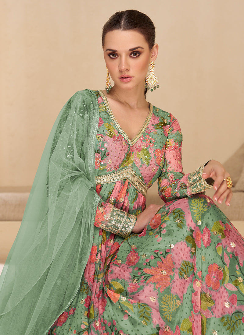 Mint Green Digital Printed Embroidered Anarkali Gown Dress