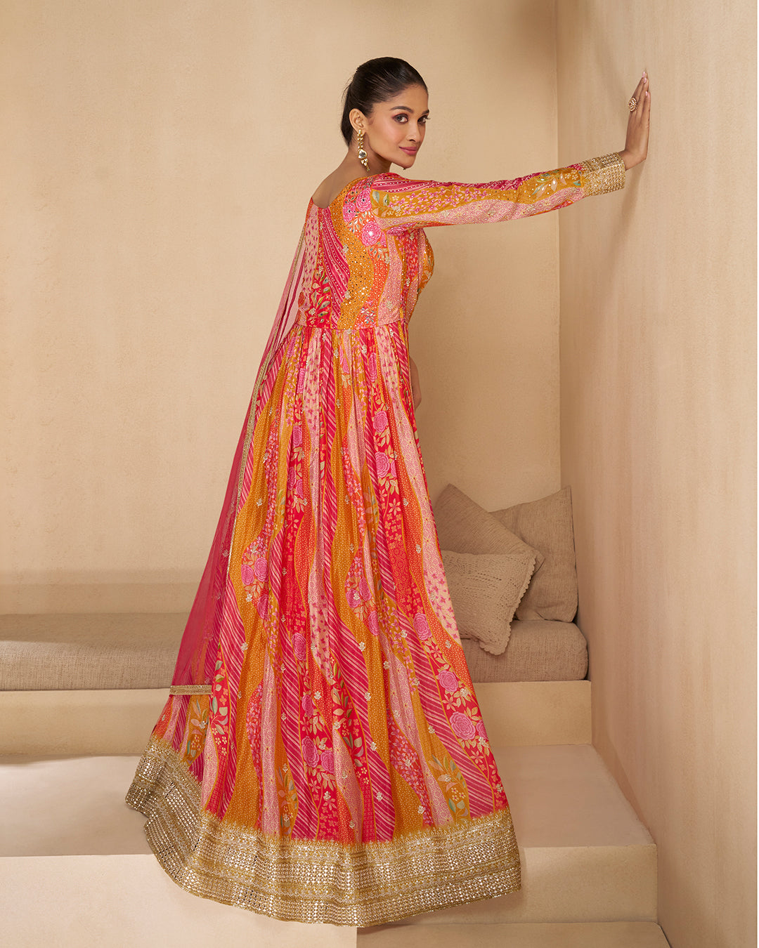 Rani Pink Digital Printed Embroidered Anarkali Gown Dress