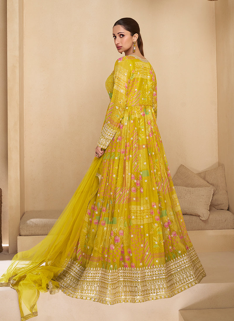 Yellow Digital Printed Embroidered Anarkali Gown Dress